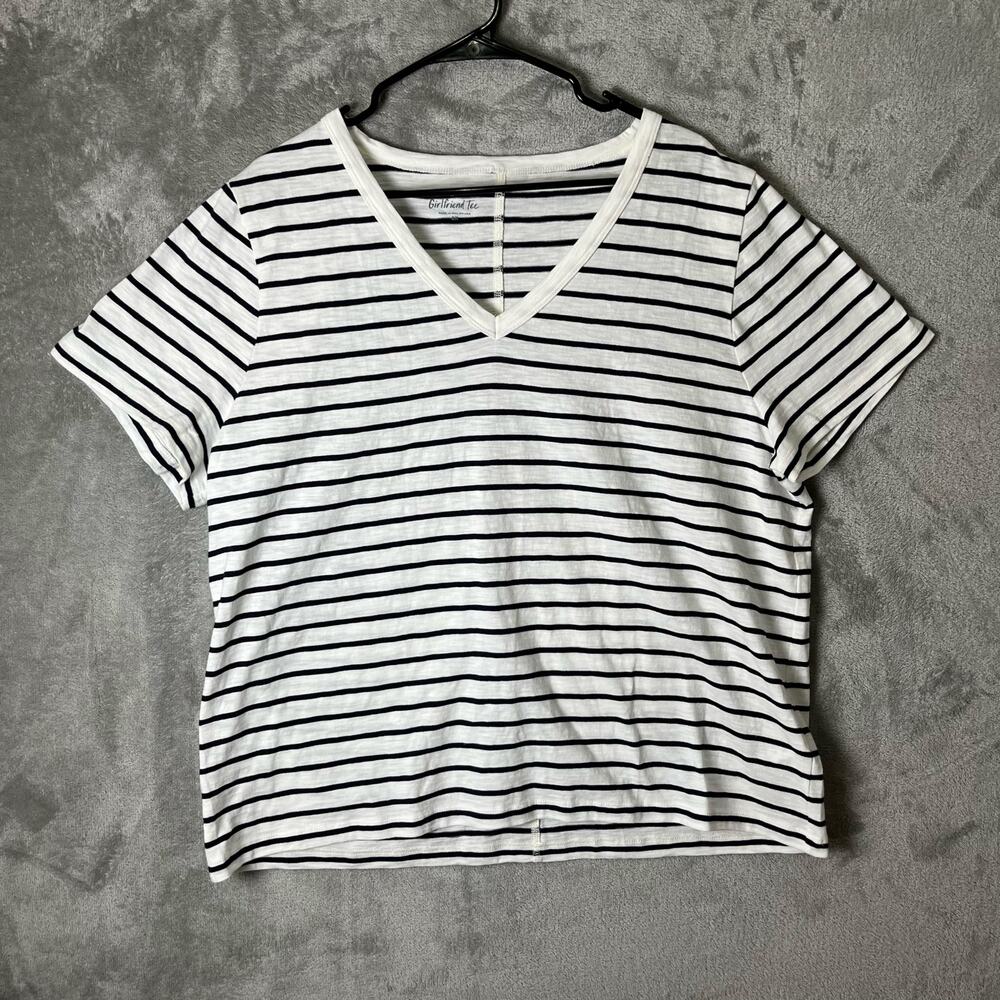J.Crew Striped Girlfriend V-neck Tee‎ White Navy Size 2X Cotton Nautical New